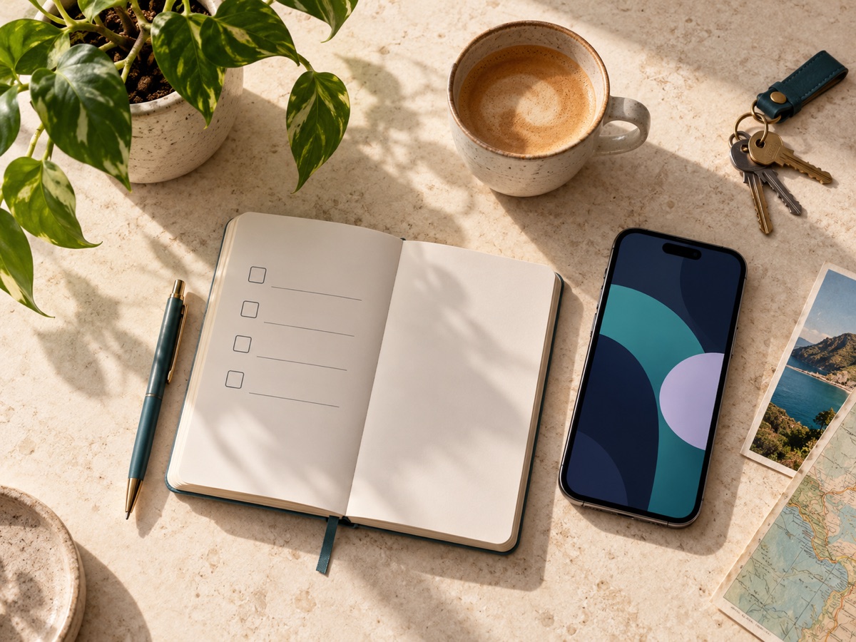 Cuaderno, teléfono, café y objetos cotidianos organizados sobre un escritorio iluminado